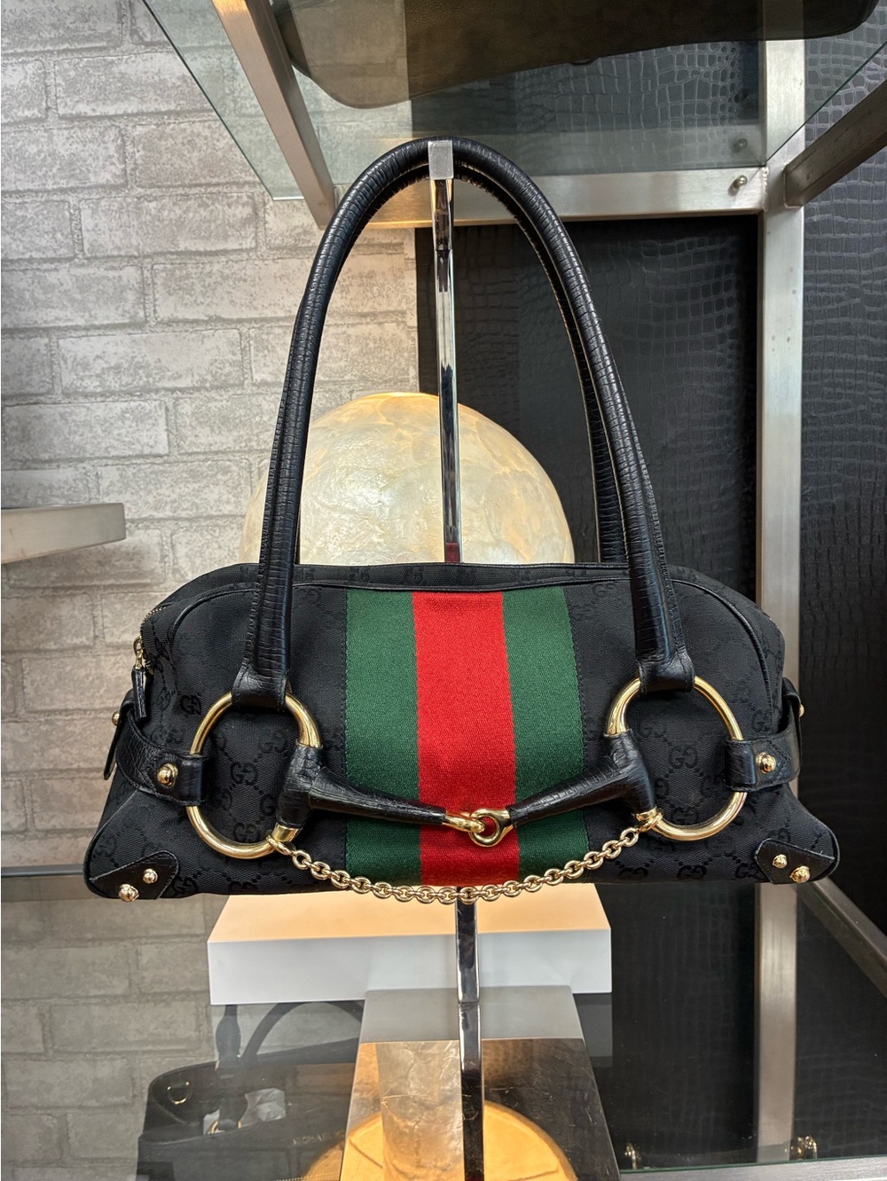 Gucci Black Shoulder Bag with Green & Red Stripe